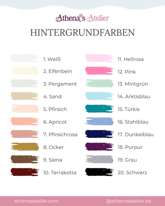 Farbkarte der Hintergrundfarben für Acryl Cake Topper und Anhänger von Athena's Atelier. Wähle aus 20 bemalten Acryl-Farben für deine Feier
