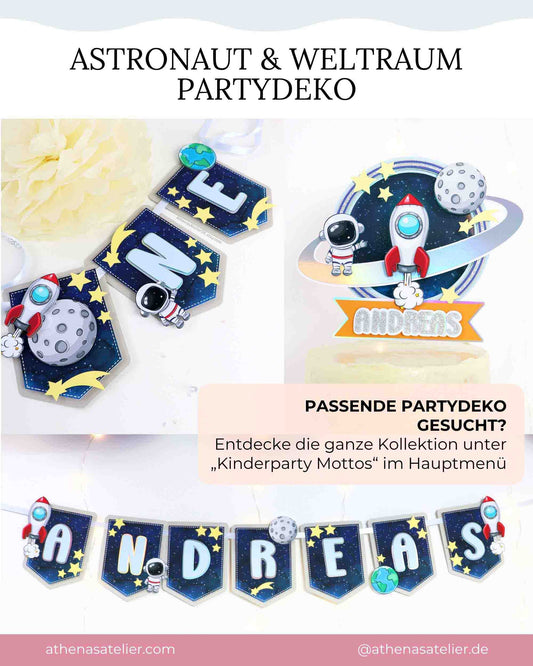 Passende Partydeko der Astronaut und Weltraum Kollektion mit Namensbanner und Cake Topper. Entdecke alle Mottos im Hauptmenü.