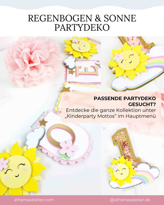 Passende Partydeko der Regenbogen und Sonne Kollektion von Athena's Atelier. Alle passenden Artikel unter Kinderparty Mottos im Hauptmenü.