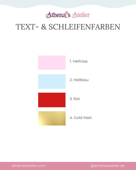 Text- und Schleifenfarben für transparenten Baby Weihnachtskugeln von Athena's Atelier. Personalisierte Farben für das erste Weihnachtsfest.