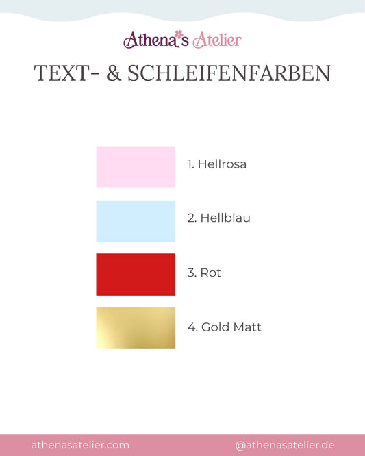 Text- und Schleifenfarben für transparenten Baby Weihnachtskugeln von Athena's Atelier. Personalisierte Farben für das erste Weihnachtsfest.