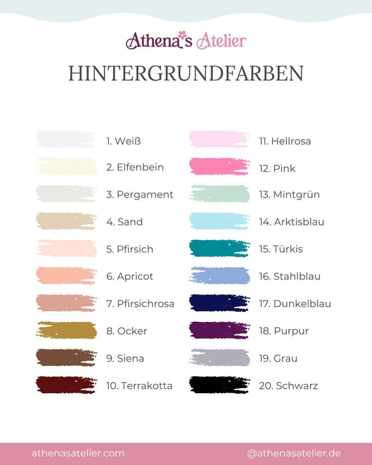 Farbkarte der Hintergrundfarben für Acryl Cake Topper und Anhänger von Athena's Atelier. Wähle aus 20 bemalten Acryl-Farben für deine Feier