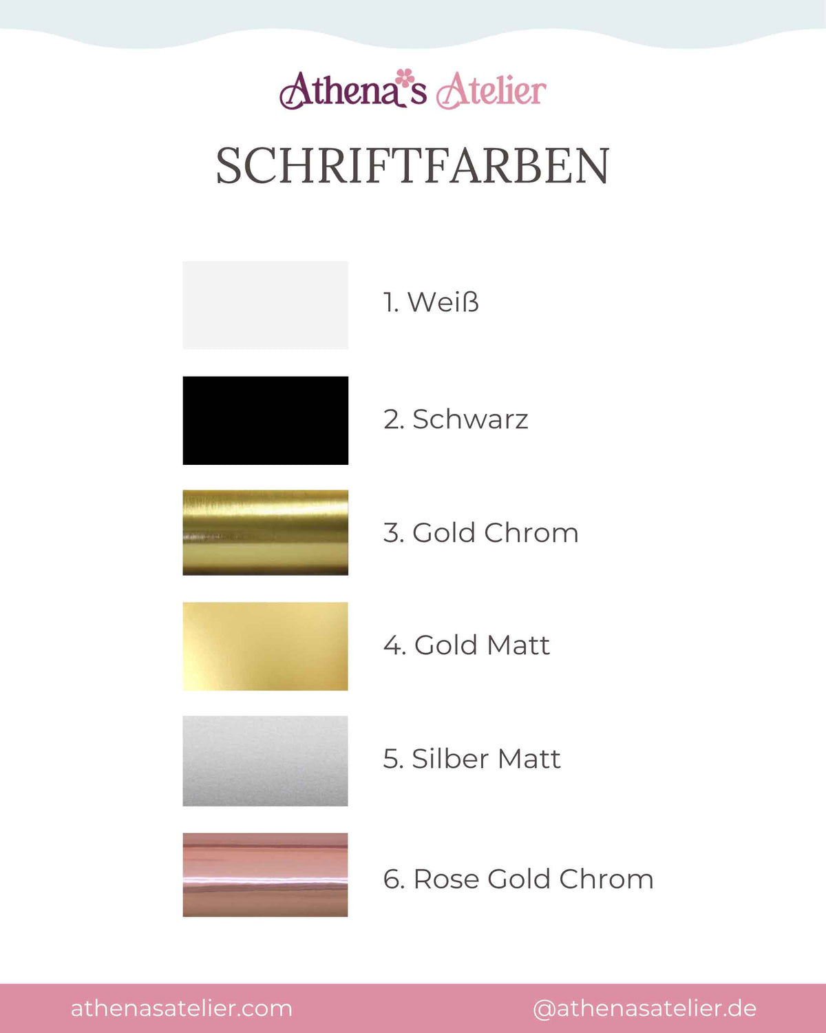 Auswahl der Schriftfarben aus Vinyl für Acryl Cake Topper und Anhänger von Athena's Atelier. Verfügbar in Weiß, Schwarz, Mattgold, Silber und Chrom-Optik