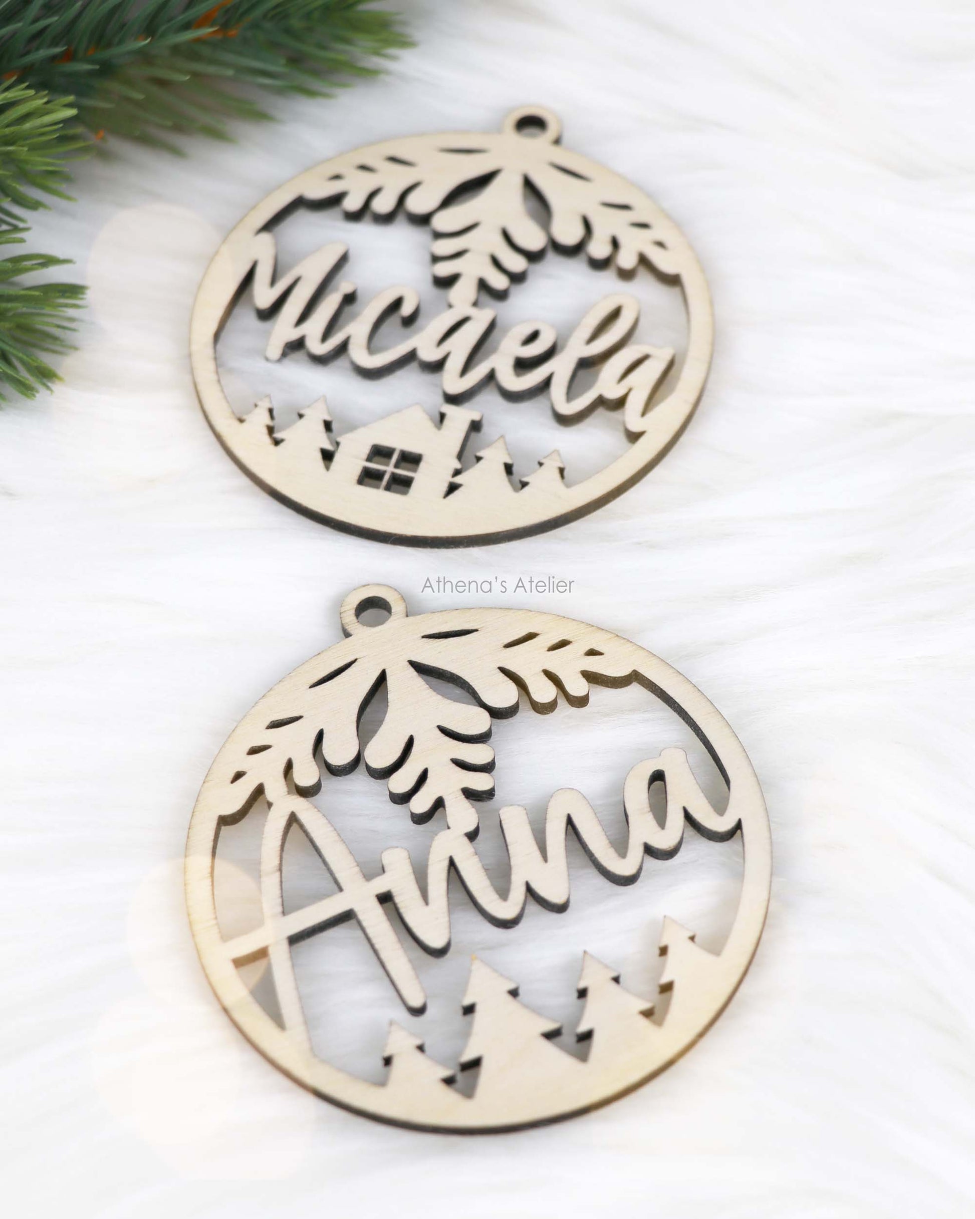 Weihnachtsbaumschmuck, Weihnachtsanhänger mit Namen aus 3mm Birkenholz gelasert