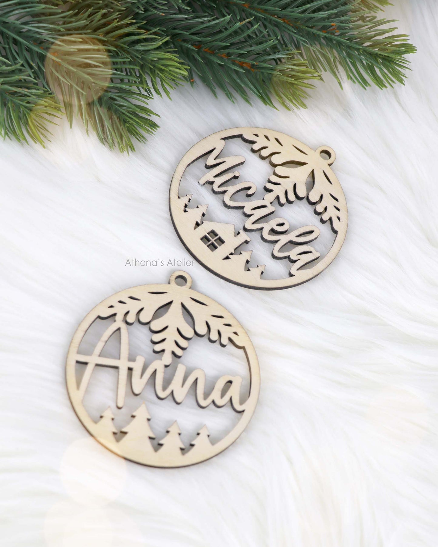 Weihnachtsbaumschmuck, Weihnachtsanhänger mit Namen aus 3mm Birkenholz gelasert