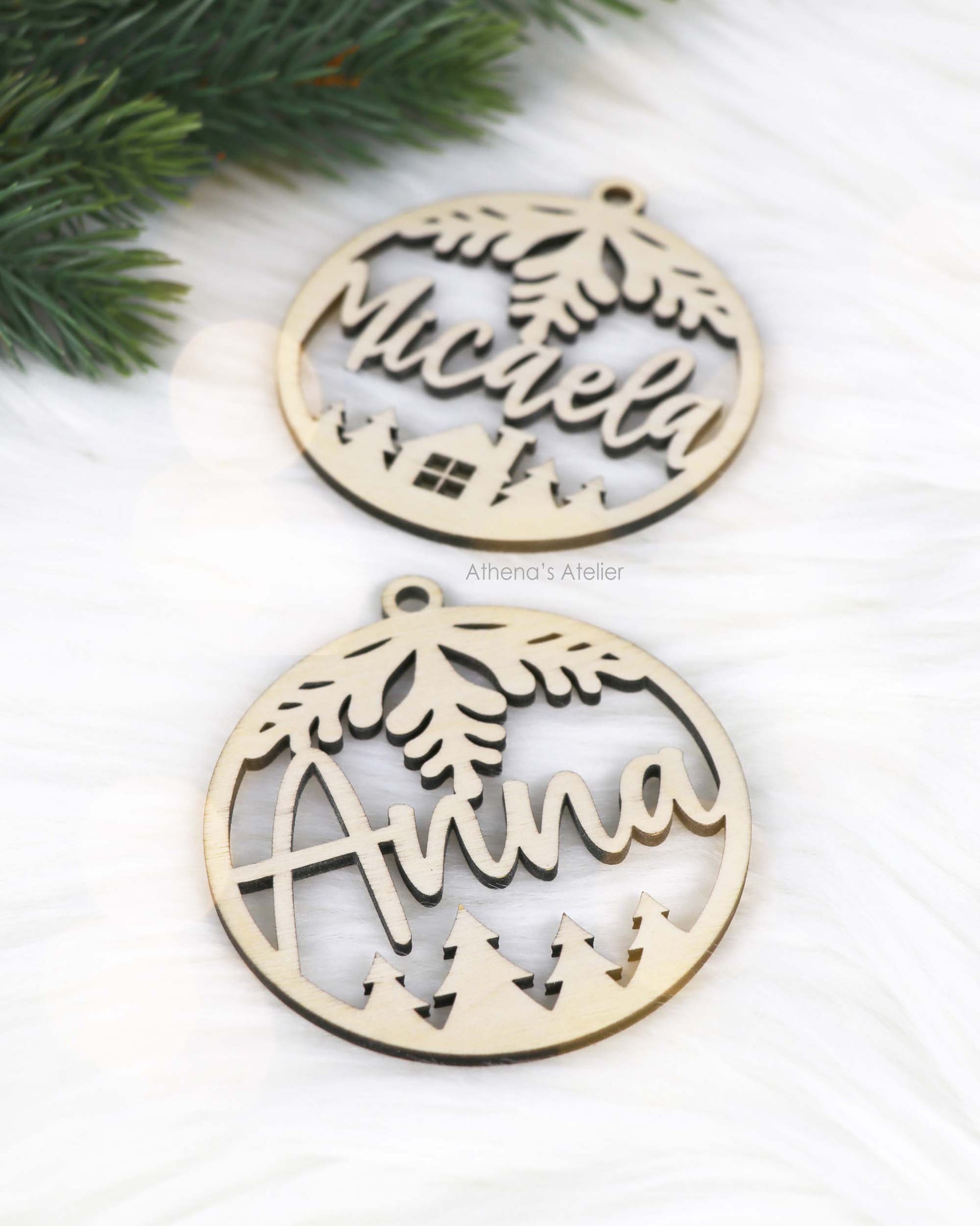 Weihnachtsbaumschmuck, Weihnachtsanhänger mit Namen aus 3mm Birkenholz gelasert
