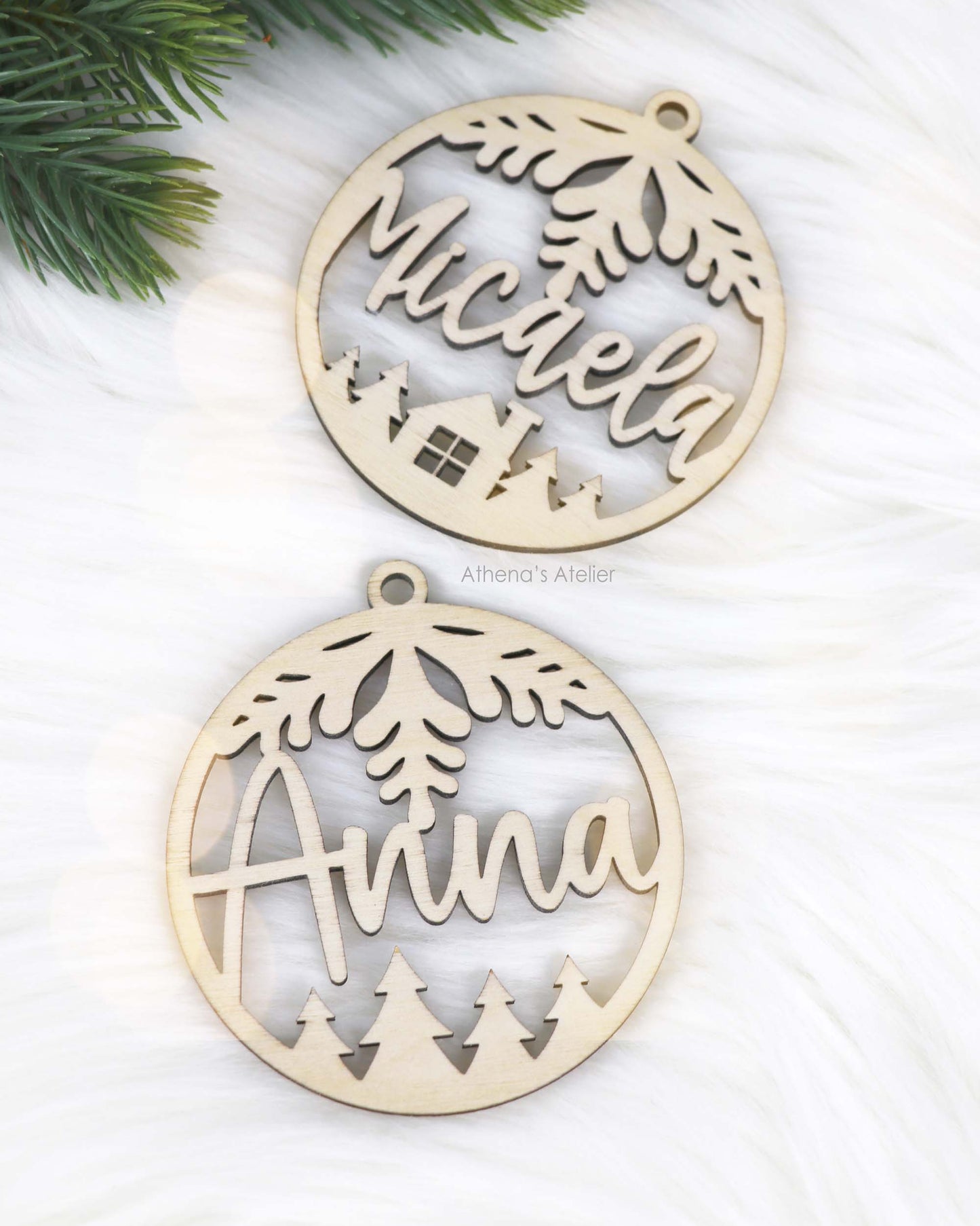 Weihnachtsbaumschmuck, Weihnachtsanhänger mit Namen aus 3mm Birkenholz gelasert