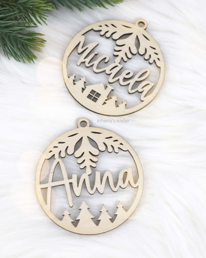 Weihnachtsbaumschmuck, Weihnachtsanhänger mit Namen aus 3mm Birkenholz gelasert