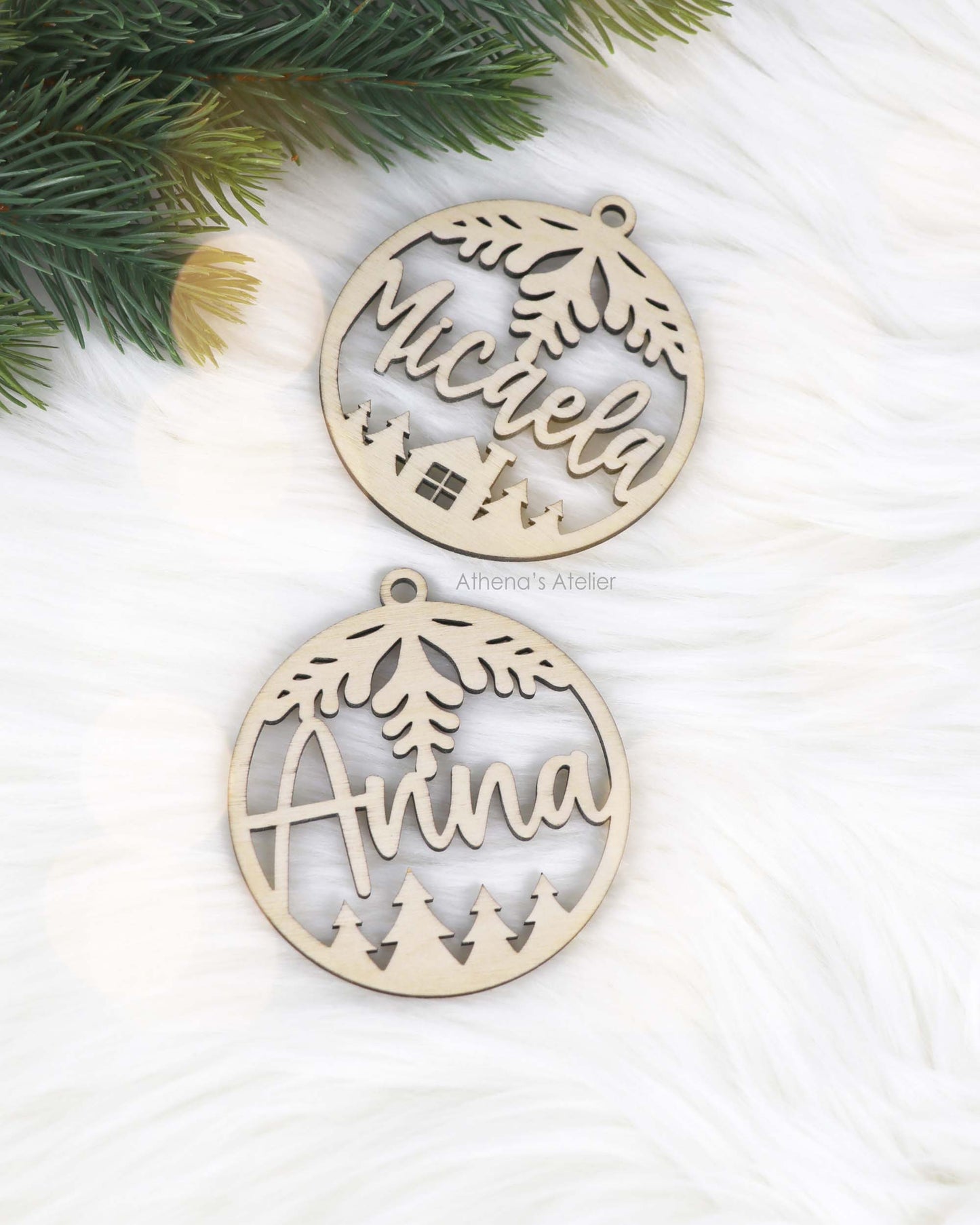 Weihnachtsbaumschmuck, Weihnachtsanhänger mit Namen aus 3mm Birkenholz gelasert