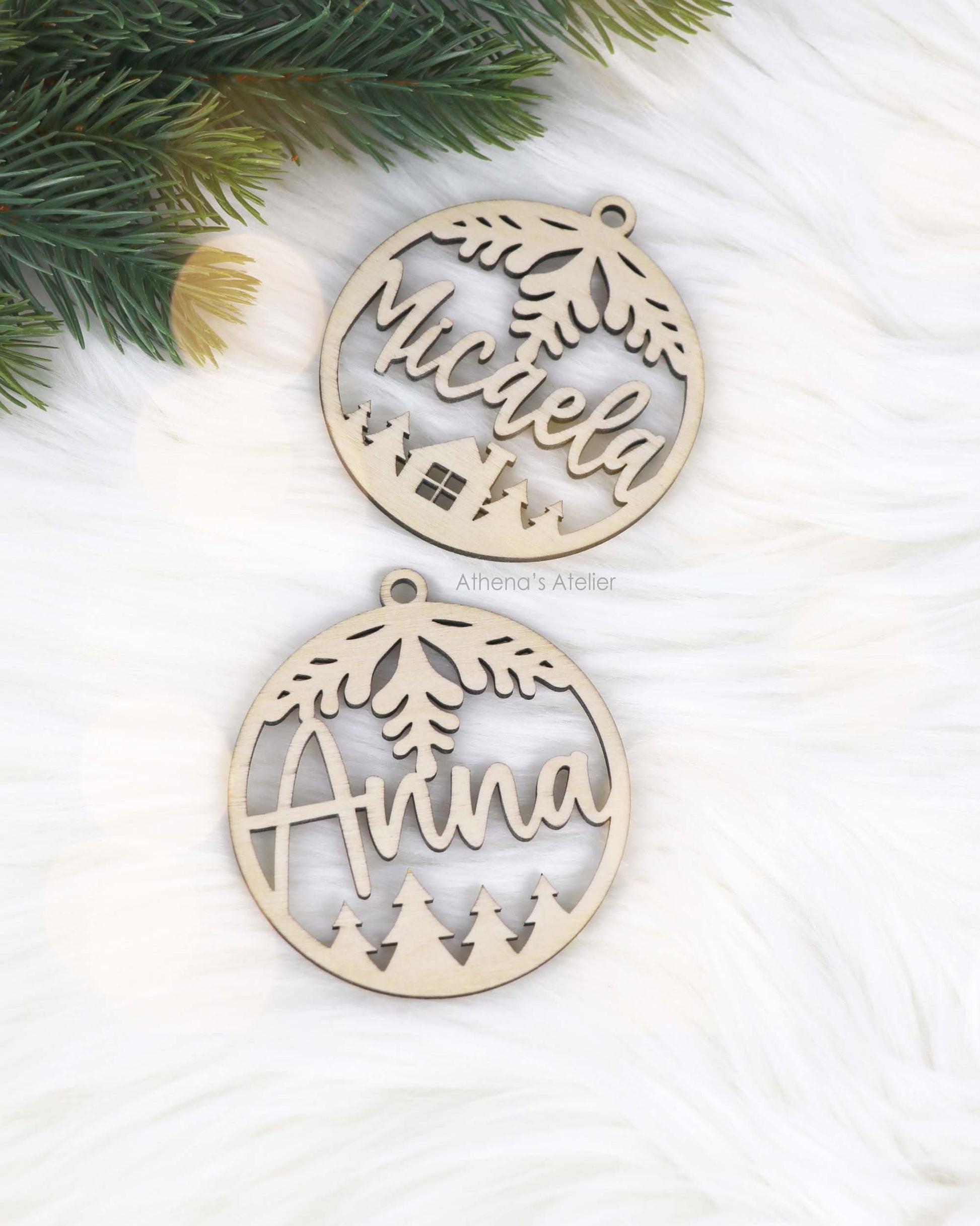 Weihnachtsbaumschmuck, Weihnachtsanhänger mit Namen aus 3mm Birkenholz gelasert