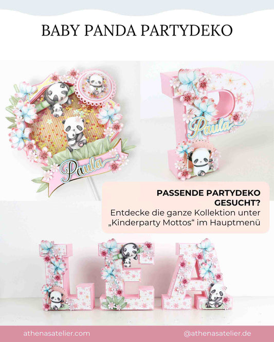 Passende Partydeko der Baby Panda Kollektion mit 3D-Standbuchstaben und Cake Topper. Gesamte Kollektion unter Kinderparty Mottos.