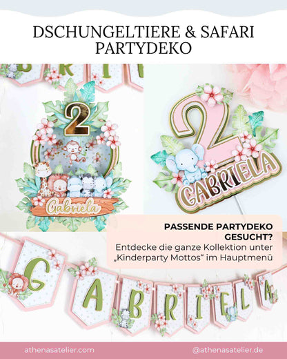 Passende Partydeko der Dschungeltiere und Safari Kollektion mit Cake Toppern und Wimpelkette. Gesamte Kollektion unter Kinderparty Mottos.
