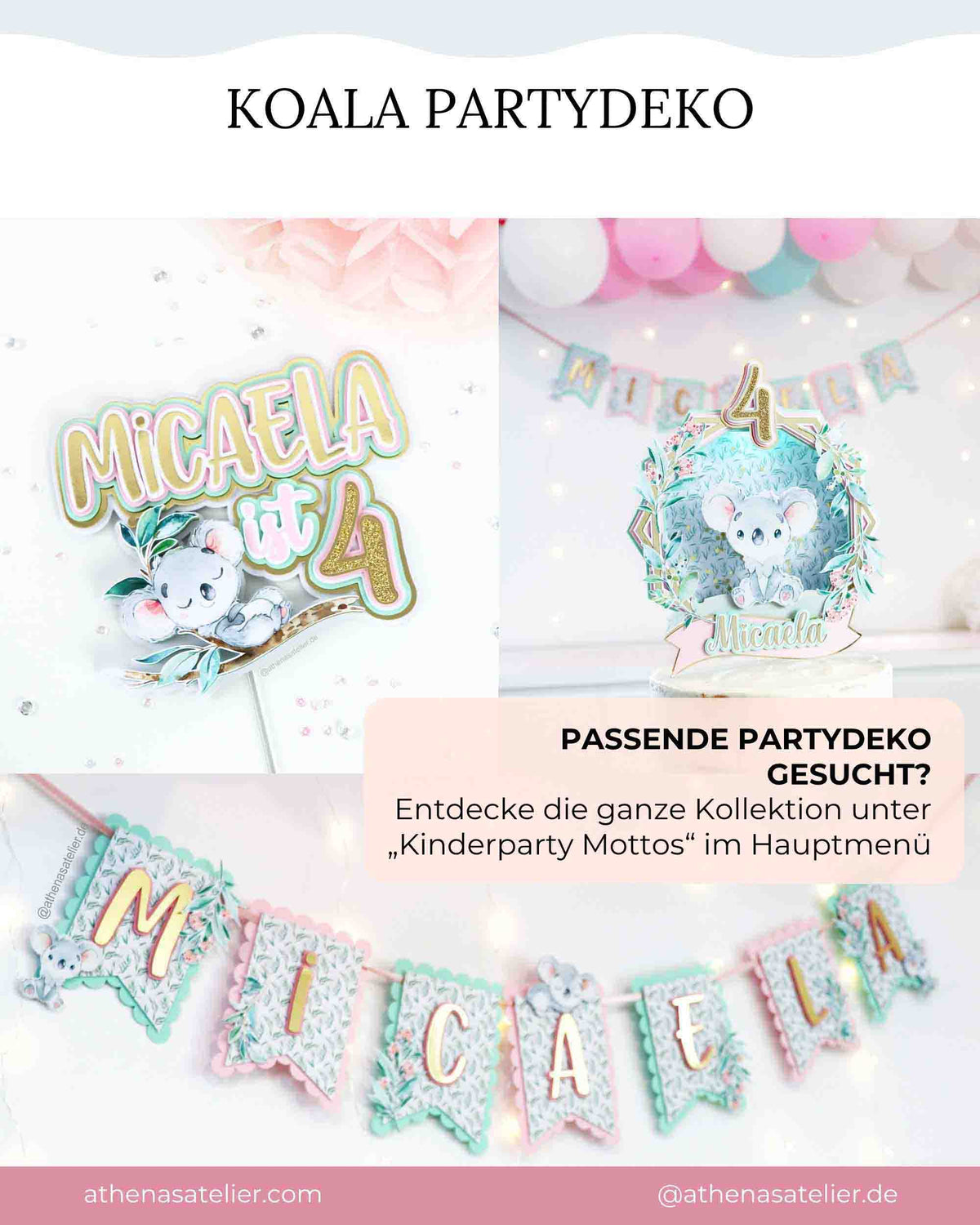 Passende Partydeko der Koala Kollektion von Athena's Atelier mit Cake Topper und Banner. Entdecke die ganze Kollektion unter Kinderparty Mottos.