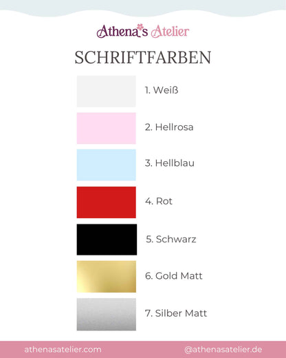 Schriftfarben aus Vinyl für personalisierte Weihnachtskugeln aus Glas von Athena's Atelier. Wähle deine Wunschfarbe für Namen und Jahreszahlen.