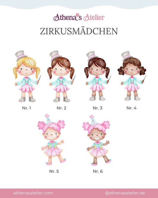 Motive und Illustrationen der Zirkusmädchen für rosa Zirkus Cake Topper und Partydeko von Athena's Atelier. Wähle dein Lieblingsmotiv für das Geburtstagskind.
