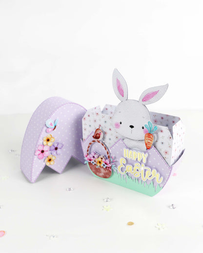 Geöffnete Osterei-Geschenkverpackung aus stabilem Motivkarton für Süßigkeiten, fertig montiert geliefert (Inhalt nicht enthalten) – Athena's Atelier.