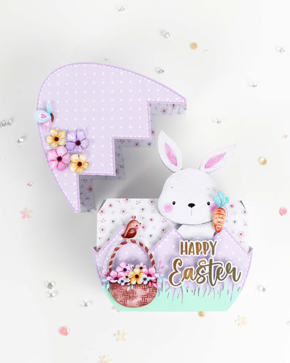 Geöffnete Osterei-Geschenkverpackung aus stabilem Motivkarton für Süßigkeiten, fertig montiert geliefert (Inhalt nicht enthalten) – Athena's Atelier.